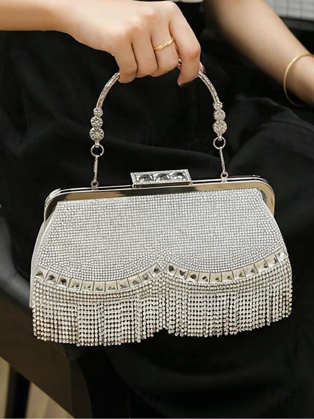 Silver crystal rhinestone Evening Clutch Handbag with Fringe - Picture 7 of 9